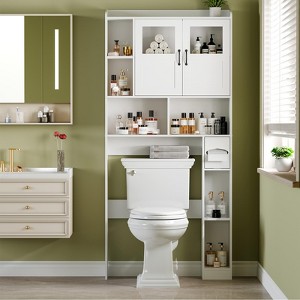 Over The Toilet Storage Cabinet - 67.4" h Farmhouse Bathroom Organizers and Storage with Adjustable Shelf and Glass Door, Adjustable Layout - 1 of 4