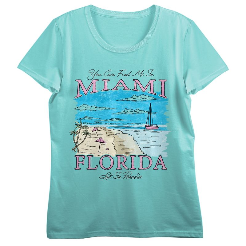 Vintage-Inspired Travel Miami Florida Women's Teal Short Sleeve Tee, 1 of 3