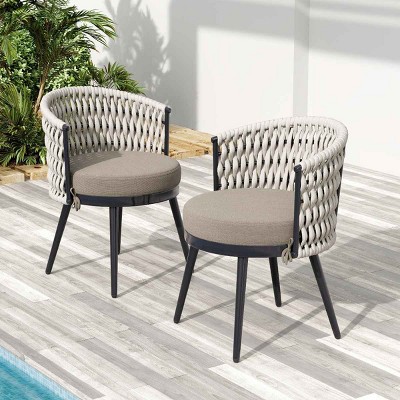 Set of 2 Outdoor Dining Chairs, Dining Chair with Handwoven Rope and Ergonomic Backrest, Chair with Metal Frame and Cushion-Coolbibila