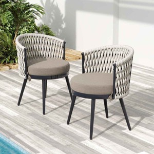 Set of 2 Outdoor Dining Chairs, Dining Chair with Handwoven Rope and Ergonomic Backrest, Chair with Metal Frame and Cushion-Coolbibila - 1 of 4