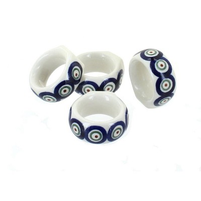 Blue Rose Polish Pottery Peacock Napkin Ring Set