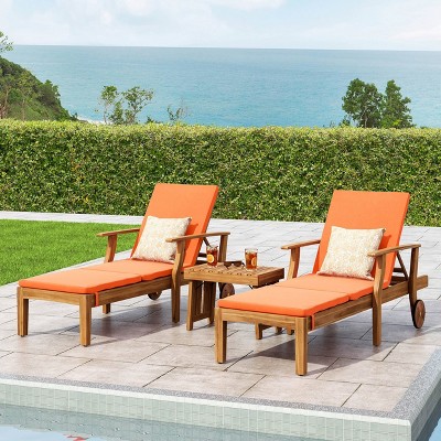 Teak and Orange Acacia Wood 2-Person Outdoor Chaise Lounge Set with Cushions