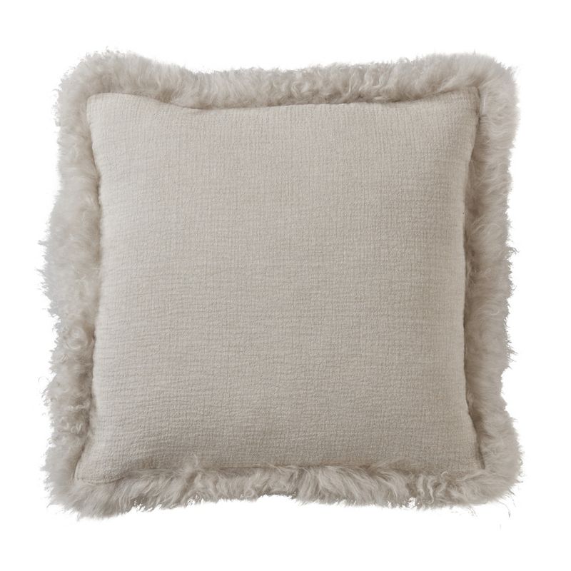 Saro Lifestyle Luxurious Linen Poly Filled Throw Pillow with Plush Lamb Fur Border, 1 of 4