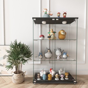 Modern Glass Display Cabinet with Glass Doors & LED Lights, 2-Door Showcase with Tempered Glass Shelves for Living Room-Cuddlewood - 1 of 4