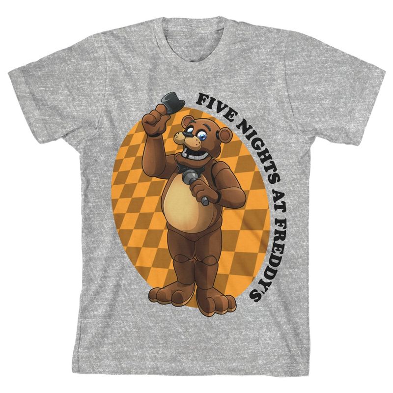 Five Nights at Freddy's Freddy Doffing His Hat Youth Athletic Heather Gray Tee, 1 of 3