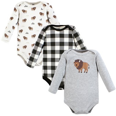 Image of Hudson Baby Infant Boy Cotton Long-Sleeve Bodysuits, Wild Buffalo 3-Pack, 3-6 Months