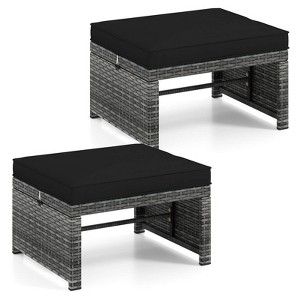 Costway Patio Ottomans Set of 2 PE Rattan Footstools with Removable Cushions & Metal Frame Red/Gray/Black/White/Turquoise/Navy - 1 of 4
