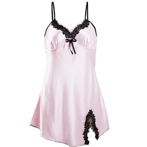 INSPIRE CHIC Women Satin Lace Trim Sleepwear Nightgown Pajama Slip Dress - 1 of 4