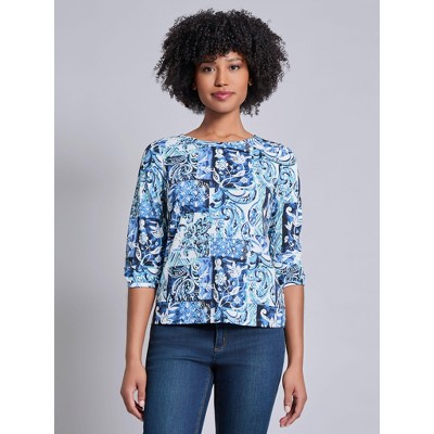 Jones New York Puff Sleeve Printed Moss Crepe Top