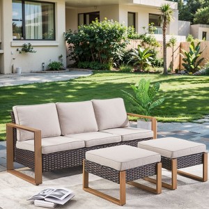 Gymojoy 3 Pieces Outdoor Patio Sofa Chair Ottoman Wicker Rattan Sofa Ottoman Set - 1 of 4