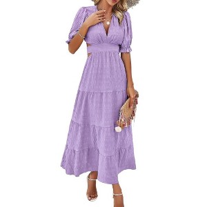 BLUEMING Womens Dress Back Tie Cutout V Neck Dress High Wasit Dress Short Lantern Sleeve Belted Tiered Dress - 1 of 4