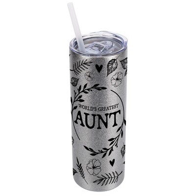 Elanze Designs Floral Silvertone Sparkle 20 Ounce Double Wall Stainless Steel Glitter Travel Tumbler With Sliding Lid And Straw, World's Greatest Aunt