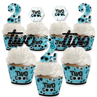 Big Dot of Happiness Two Cool - Boy - Cupcake Decoration - Blue 2nd Birthday Party Cupcake Wrappers and Treat Picks Kit - Set of 24