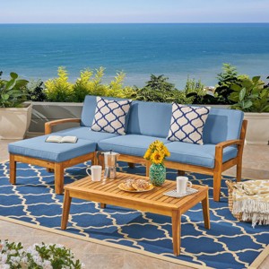 Outdoor Sectional Sofa Set, 3 Pcs Acacia Sofa Set for 3 People, Sectional Sofas with Acacia Table, Wood Frame and PE Cushions-Coolbibila - 1 of 4