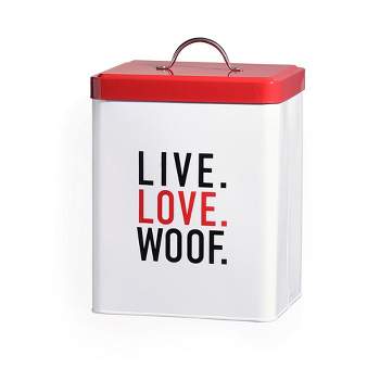 Amici Pet Live Love Woof Metal Storage Canister, 208 oz. , White Red Black