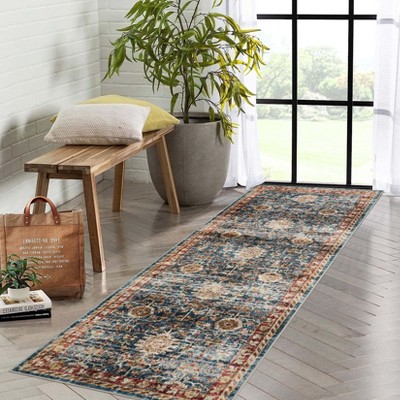 Traditional Distressed Area Rugs for Living Room Bedroom Non Slip Washable Medallion Pattern Printed Thin Carpet Rugs