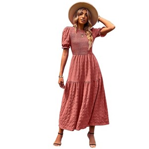 Coolmee Women's Summer Casual Maxi Dresses Square Neck Puff Short Sleeve Smocked A Line Floral Flowy Elegant Boho Dress - 1 of 4