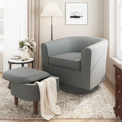COLAMY Upholstered Swivel Barrel Accent Chair with Storage Ottoman