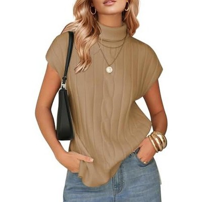 EXLURA EXLURA Women's Turtleneck Sleeveless Sweater Vest Casual Short Cap Sleeve Knit Pullover Tank Tops 2025 Fashion Fall Clothes