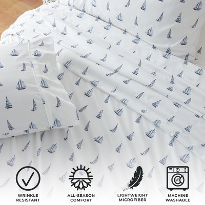 King White Coastal Sailboat Print Microfiber Sheet Set