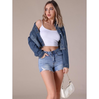 INSPIRE CHIC Women's Long Sleeve Button Down Turndown Collar Frayed Hem Trendy Cropped Washed Denim Jacket Light Blue Medium — фото 3