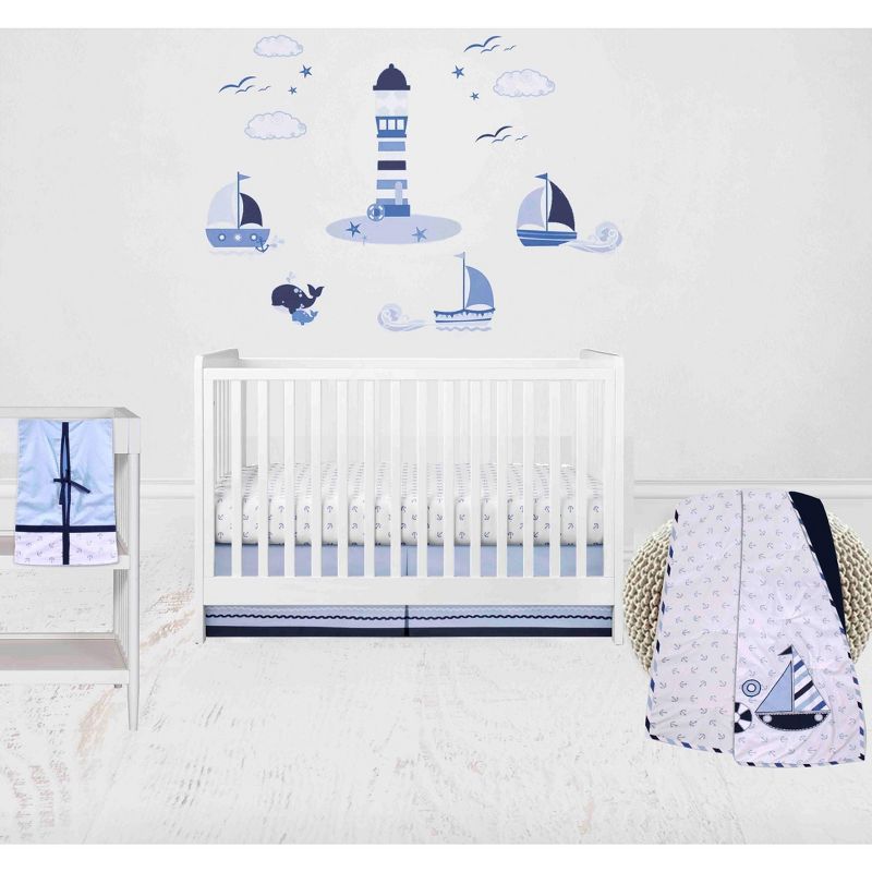 Bacati - Little Sailor Anchor Boat Blue Navy 4 pc Crib Bedding Set with Diaper Caddy, 1 of 9
