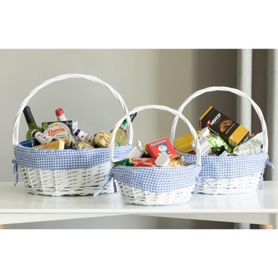 White Round Wicker Basket with Blue Gingham Liner