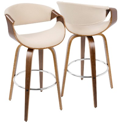 Curvini 30'' Walnut Wood and Cream Swivel Barstools Set