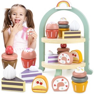 Tea Party Set for Little Girls with Cupcake Stand, Wooden Tea Set Toys for Girls Age 3-7 Year Old, Toddler Kids Kitchen Pretend Play Toys for Girls - 1 of 4