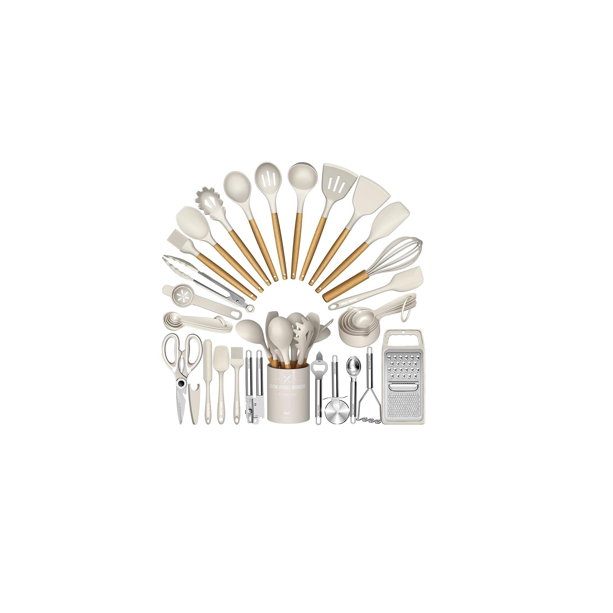 Aoibox 34-Piece Silicone Kitchen Utensil Set with Wooden Handles, Heat-Resistant Tools for Nonstick Cookware Including Grater, Spatula, Spoon, Tongs