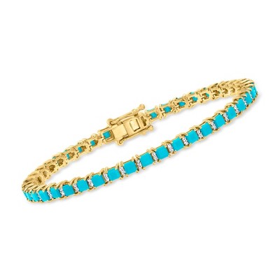 Ross-Simons Turquoise and 0.42-0.43 ct. t.w. Diamond Tennis Bracelet in 18kt Gold Over Sterling