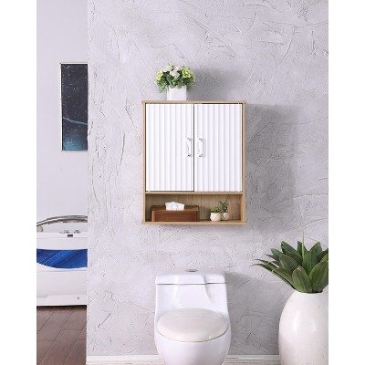 Bathroom Wall Cabinet with Double - Door, Bottom Shelf, Wavy - Patterned Doors, Adjustable Inner Shelf, Easy Installation, White & Natural Wood