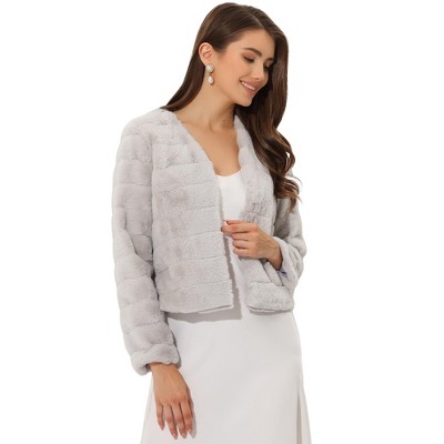 Allegra K Women's Winter Warm Cropped Collarless Faux Fur Fluffy Jacket