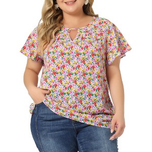 Agnes Orinda Women's Plus Size Keyhole Flutter Short Sleeve Chiffon Floral Tops - 1 of 4