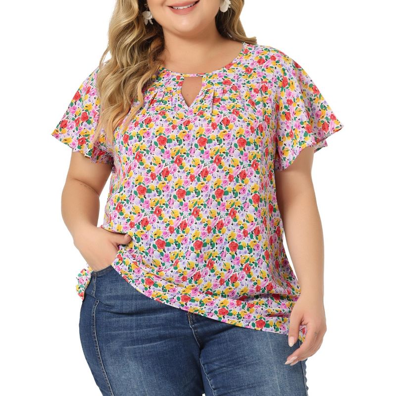 Agnes Orinda Women's Plus Size Keyhole Floral Chiffon Short Flared Sleeve Summer Trendy Peasant Tops, 1 of 8