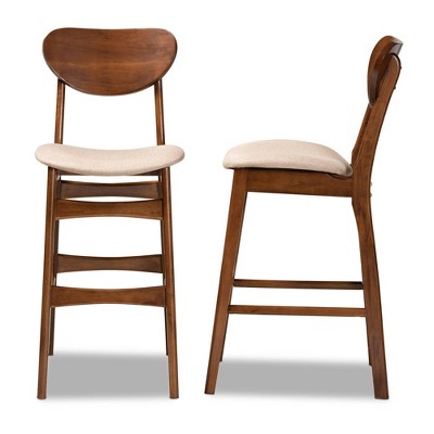 Katya Adjustable Walnut Wood Bar Stool Set in Sand Fabric