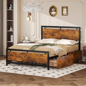 VECELO Full/Queen Size Bed Frame with Wooden Headboard, Metal Bed Platform No Box Spring Needed with Heavy Duty Steel Slat, Brown - 1 of 4