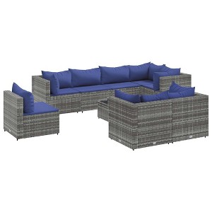 vidaXL 9-Piece Patio Lounge Set with Cushions - Gray Poly Rattan, Modular Design, Tempered Glass Table, Weather-Resistant Frame - 1 of 4