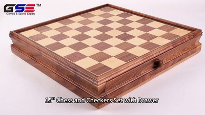 15" Wooden Chess and Checkers Board Game Set with Storage Drawer