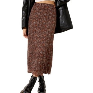 Floral Mesh Boho Midi Skirt - Women's High Waist A-Line Skirt with Lettuce Trim A Brown - 1 of 4