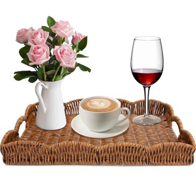 BRINJOY Scalloped Rectangular Woven Tray - Synthetic Rattan Coffee Table Tray with Handles
