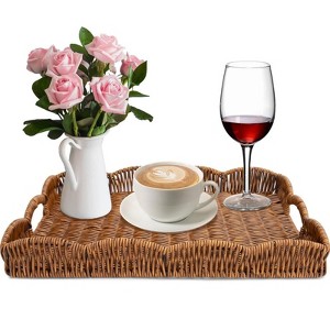 BRINJOY Scalloped Rectangular Woven Tray - Synthetic Rattan Coffee Table Tray with Handles - 1 of 4