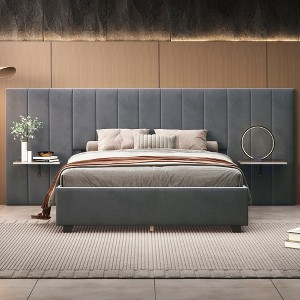 XIYUYEU Full/Queen Upholstered Platform Bed Frame with Oversized Velvet Headboard and 2 Shelves,Wood Slats Support,No Box Spring Needed,Easy Assembly - 1 of 4