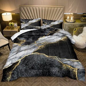 Marble Comforter Set – Black White Gold Abstract Print Boho Hippie Bedding, Ultra Soft Lightweight All Season Quilt - 1 of 4