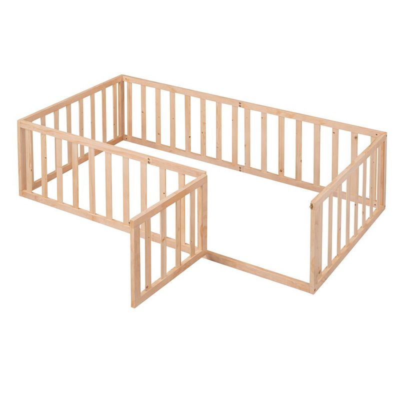 Twin Size Wood Floor Bed Frame With Full-Length Guardrail And Door, Versatile Open-Row Design Baby Play House, No Mattress, 2 of 8
