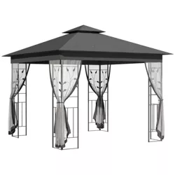 Outsunny 10' x 10' Outdoor Patio Gazebo Canopy with 2-Tier Polyester Roof, Netting, Curtain Sidewalls, and Steel Frame, gray