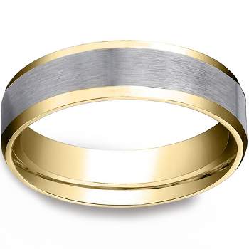 Pompeii3 Mens 10k Gold 6MM Satin Wedding Band Flat Beveled Edge Two Tone Ring