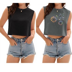 ATHLECHIC Women's Casual Loose Crewneck Sleeveless Crop Tank Top 2 Packs - 1 of 4
