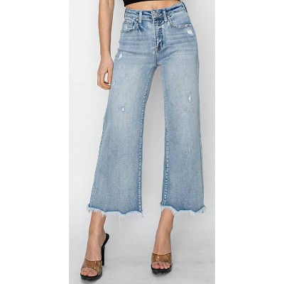 Women's Ladies' High Rise Crop Wide Fray Hem Jeans - RISEN
