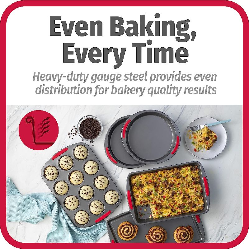 GoodCook Mega Grip 5-Piece Nonstick Steel Bakeware Set with Cookie Sheet, Roast Pan, 2 Cake Pans, and Muffin Pan, Gray,Gray, 3 of 7